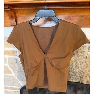 Brown V-Neck Short Sleeve Crop Top Cap Sleeve Babydoll
